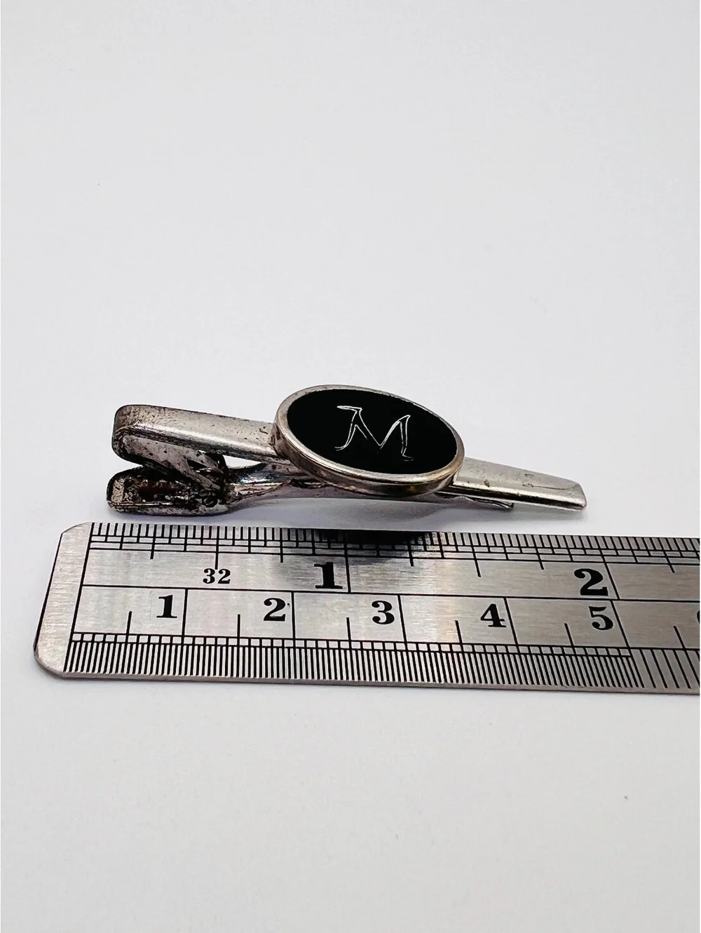 Vintage ANSON Tie Clip Black Oval Script M Initial Silver Tone 2”